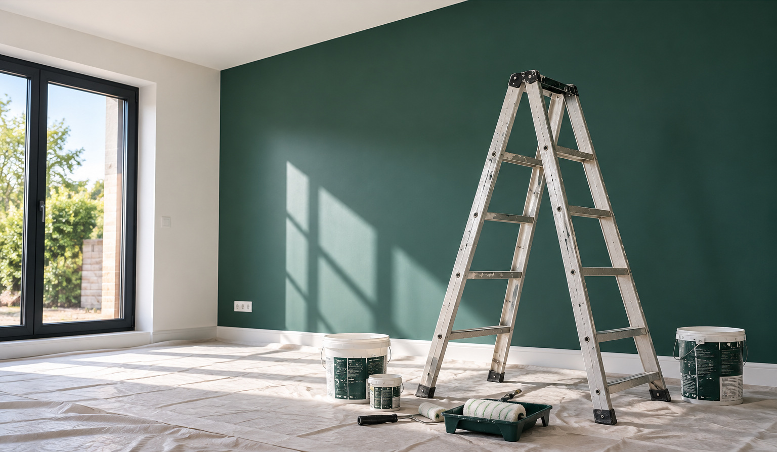 Image illustrative générée : pièce en cours de peinture, mur vert et escabeau